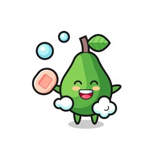 avocado character is bathing while holding soap