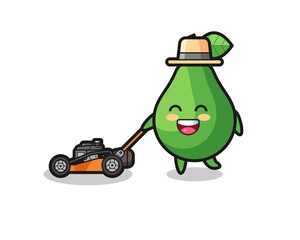 illustration of the avocado character using lawn mower