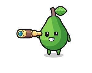 cute avocado character is holding an old telescope