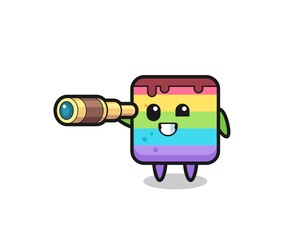 cute rainbow cake character is holding an old telescope