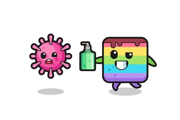 illustration of rainbow cake character chasing evil virus with hand sanitizer