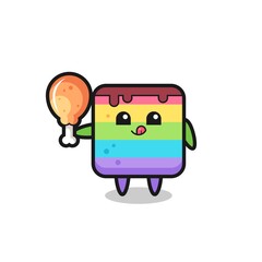 rainbow cake cute mascot is eating a fried chicken