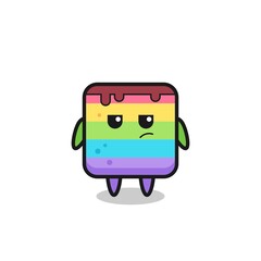 cute rainbow cake character with suspicious expression