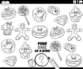 one of a kind game with cartoon sweets coloring book page