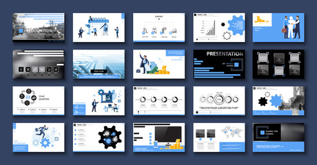 Business presentation, powerpoint, new technologies. Information infographic design template, blue, black elements, white background, set. Team of people creates a business, teamwork. Work. Mobile app