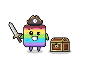 the rainbow cake pirate character holding sword beside a treasure box