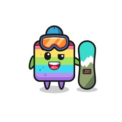 Illustration of rainbow cake character with snowboarding style