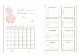 A set of monthly and weekly planner. Business organizer page. Schedule for children with cartoon characters.
