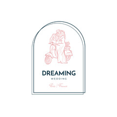 Trending logo template for wedding, wedding agency, decor, wedding decor, photographer, event agency. Elegant typography, linear illustration, line art