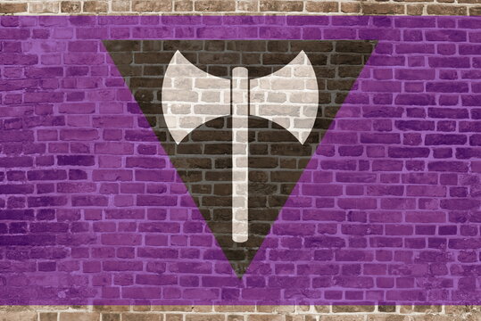 Lesbian feminist flag consisting of a labrys (a double-bladed axe)