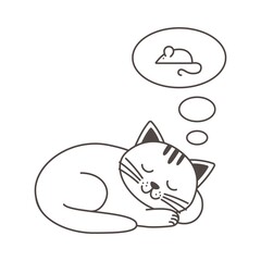 Cute cat sleeping and dreaming about mouse. Outline vector isolated illustration for nursery room