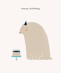 Cute Birthday Party Vector Card. Big Hand Drawn Bear in Small Party Hat and Birthday Cake with Blue Candles on a Light Beige Background. Handwritten Wishes. Happy Birthday. Childish Style Greetings.