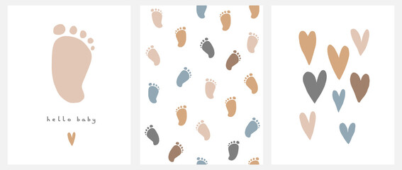 Cute Nursery Vector Art. Light Brown Little Baby Foot Isolated on a White Background. Hello Baby. Baby Shower Vector Illustration and Lovely Seamless Pattern with Little Baby Feet. Print with Hearts. - obrazy, fototapety, plakaty