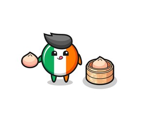 cute ireland flag badge character eating steamed buns