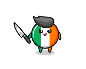 cute ireland flag badge mascot as a psychopath holding a knife