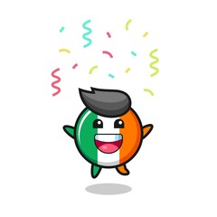 happy ireland flag badge mascot jumping for congratulation with colour confetti