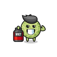 the muscular melon fruit character is holding a protein supplement