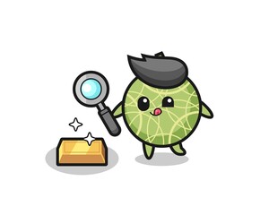 melon fruit character is checking the authenticity of the gold bullion