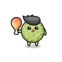 melon fruit cute mascot is eating a fried chicken