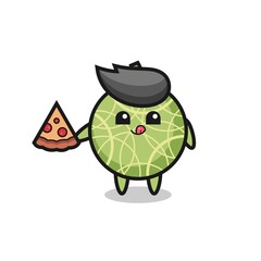 cute melon fruit cartoon eating pizza