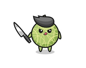 cute melon fruit mascot as a psychopath holding a knife