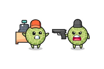 illustration of the cute melon fruit as a cashier is pointed a gun by a robber