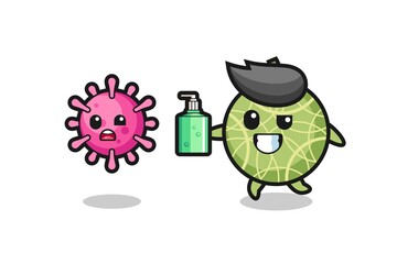 illustration of melon fruit character chasing evil virus with hand sanitizer