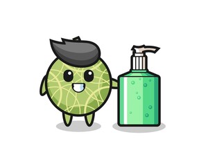 cute melon fruit cartoon with hand sanitizer