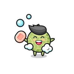 melon fruit character is bathing while holding soap
