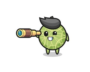 cute melon fruit character is holding an old telescope