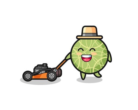 illustration of the melon fruit character using lawn mower