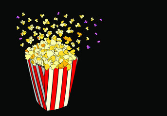 Popcorn in a paper cup on the table, vector image.