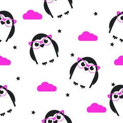 Children's seamless pattern with penguins. Penguins in pink glasses and stars and clouds.