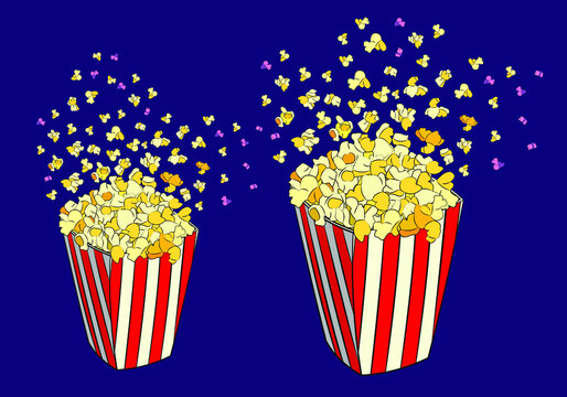 Popcorn in a paper cup on the table, vector image.