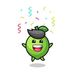 happy lime mascot jumping for congratulation with colour confetti