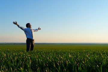 businessman poses in a green field, freelance and business concept, green grass and blue sky as background