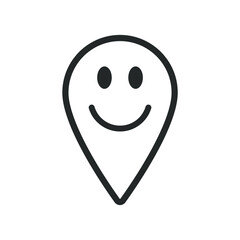 Smiling location pointer symbol icon. Happy Gps navigation pin sign. Smile face emotion character. Map position marker logo. Vector illustration image.
