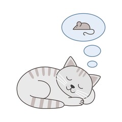 Cute cat sleeping and dreaming about mouse. Flat vector isolated illustration for nursery room