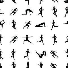 Seamless vector pattern. Silhouettes of people running and doing yoga. White isolated background. Great print for flyers, posters, covers, textiles, wrapping paper, clothing, napkins. 