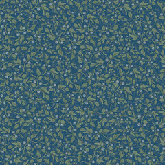 Seamless botanical blue-green pattern with blueberries