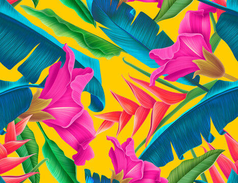 Colorful Seamless Pattern with tropic flowers and leaves. Palm leaf background. Fashion pattern design.