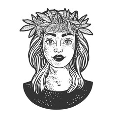 girl in weed wreath on head line art sketch raster