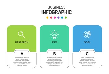 Concept of arrow business model with 3 successive steps. Three colorful graphic elements. Timeline design for brochure, presentation. Infographic design layout.