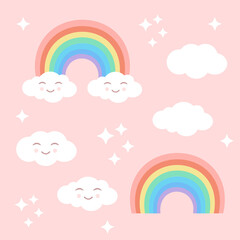 Pastel set with rainbow, clouds and stars on a pink isolated background. Vector illustration for fabrics, textiles, textures, wallpapers, posters, stickers. Children's fun print. Editable elements.