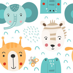 Seamless animals pattern baby fabric print. Vector patterns design kids illustration. Safari animals zebra, giraffe, crocodile.