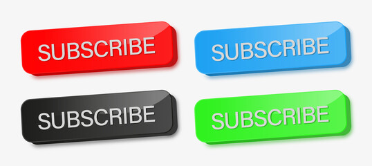 3d subscribe button in different colors, red, black, blue, green