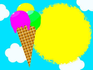 Cone with three ice cream scoops on blue sky background with clouds.