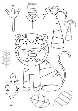 Coloring pages of jungle animals. Cute tiger open mouth vector illustration