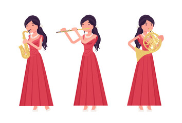 Musician, elegant red evening dress woman playing professional wind instruments. Classical music event, concert, party performance. Vector flat style cartoon illustration isolated, white background