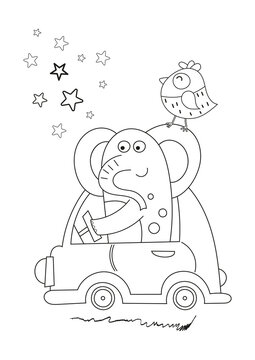 Coloring pages for kids activities for kids at home. Cute elephant rides a car vector illustration